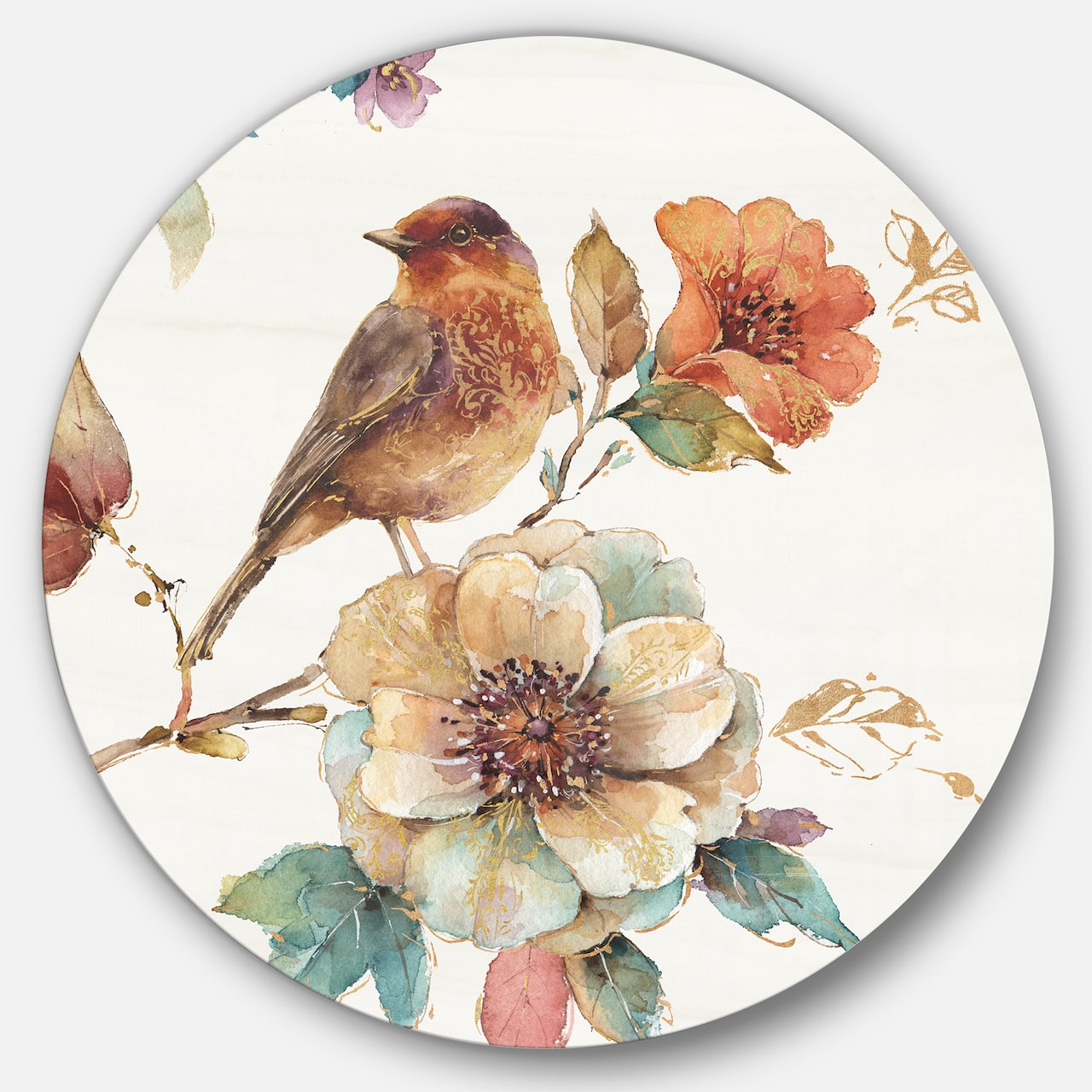 Designart - Farmhouse Bird on Flower Branch - Farmhouse Metal Circle Wall Art